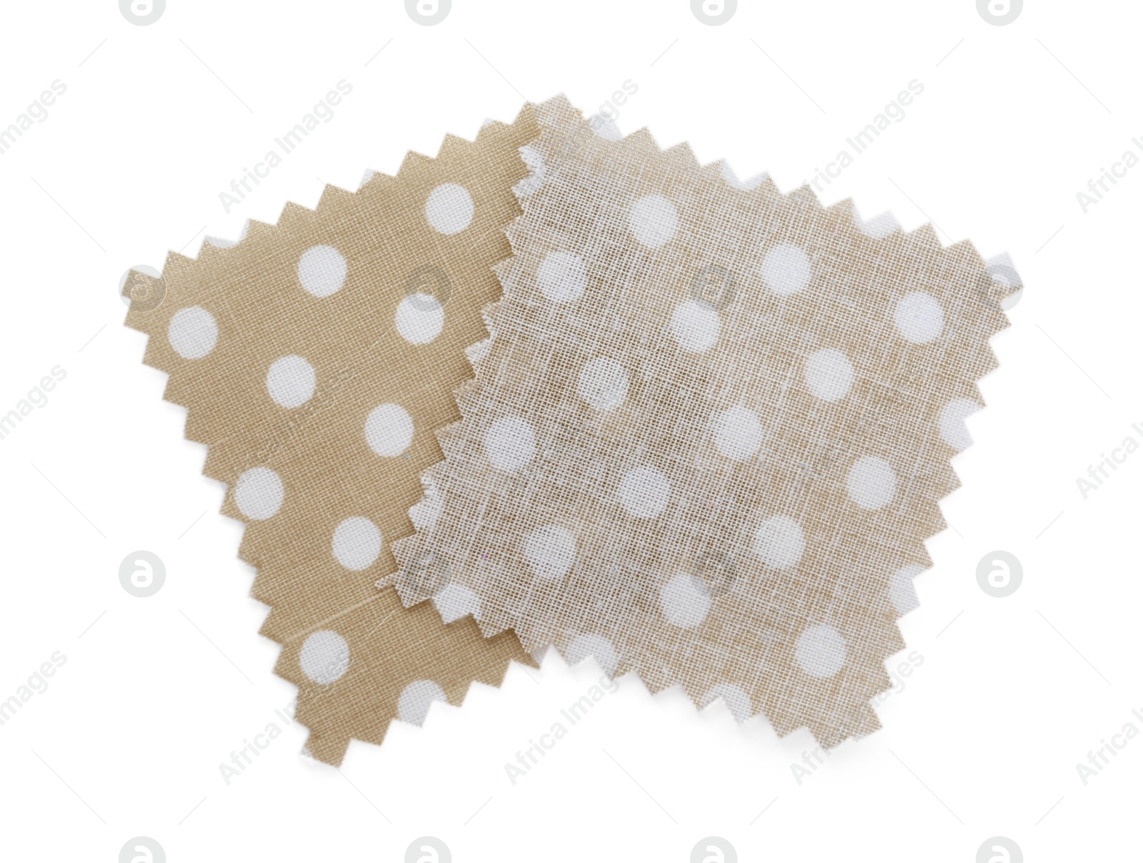 Samples of fabrics with polka dot pattern isolated on white, top view Photo of Samples of fabrics with polka dot pattern isolated on white, top view