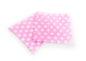 Photo of Samples of fabrics with polka dot pattern isolated on white