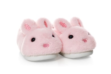 Photo of Cute kid slippers in shape of bunnies isolated on white