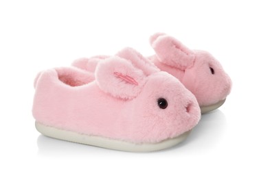 Photo of Cute kid slippers in shape of bunnies isolated on white