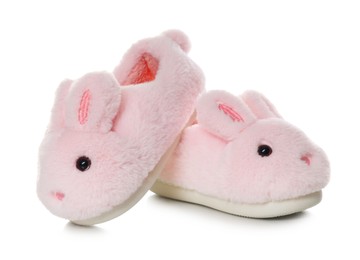 Photo of Cute kid slippers in shape of bunnies isolated on white