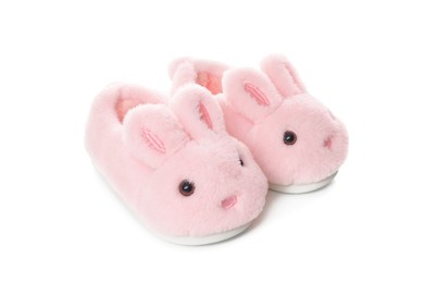 Photo of Cute kid slippers in shape of bunnies isolated on white
