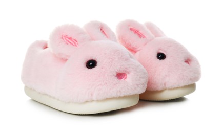 Photo of Cute kid slippers in shape of bunnies isolated on white