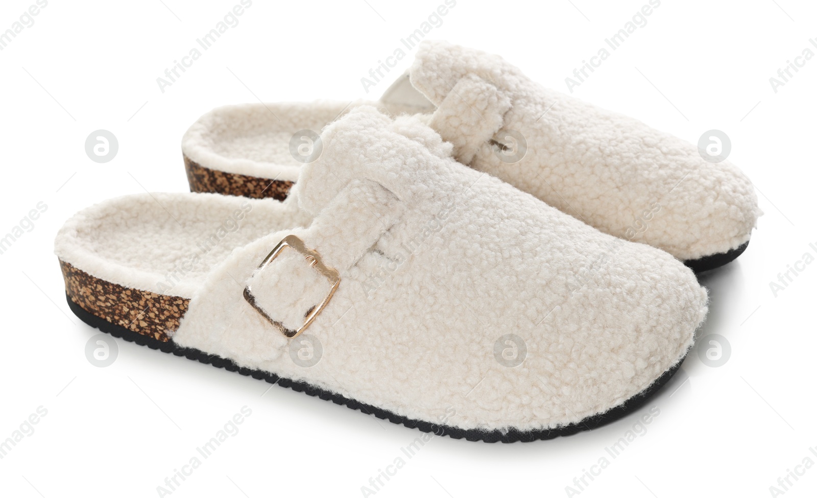 Pair of stylish slippers isolated on white Photo of Pair of stylish slippers isolated on white