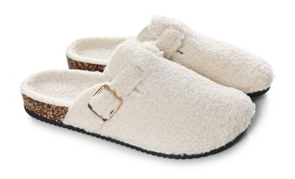 Photo of Pair of stylish slippers isolated on white