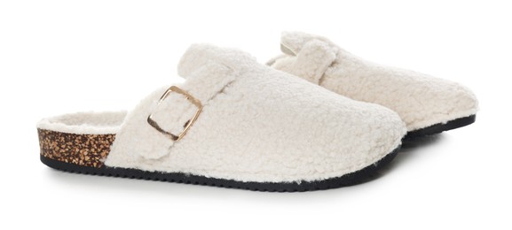 Photo of Pair of stylish slippers isolated on white
