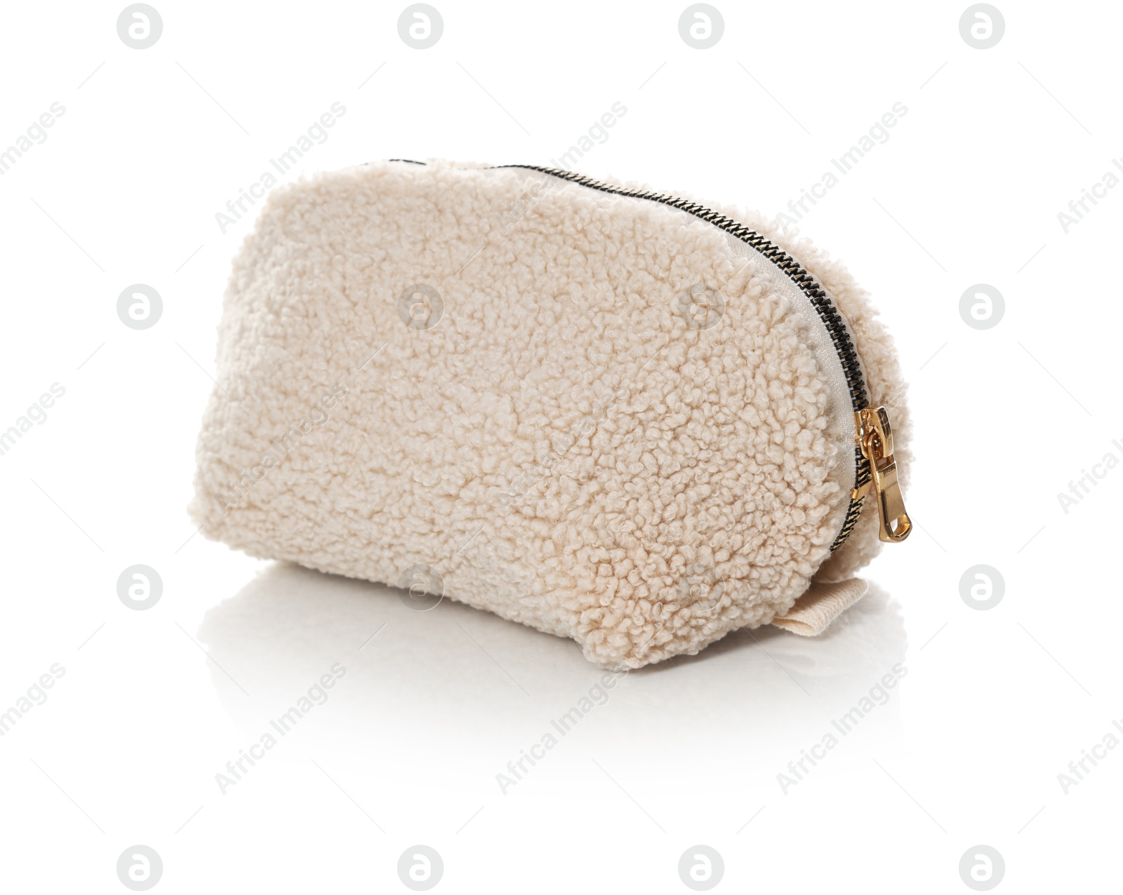 One fluffy cosmetic bag isolated on white Photo of One fluffy cosmetic bag isolated on white