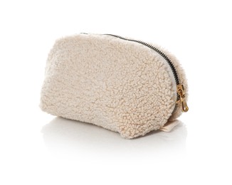 Photo of One fluffy cosmetic bag isolated on white
