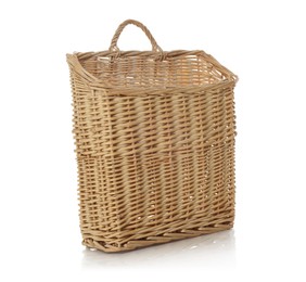 Photo of One empty wicker basket isolated on white