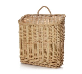 Photo of One empty wicker basket isolated on white