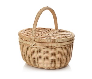 Photo of One empty wicker basket isolated on white