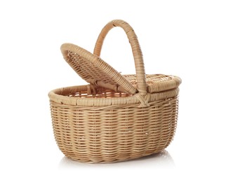 Photo of One empty wicker basket isolated on white