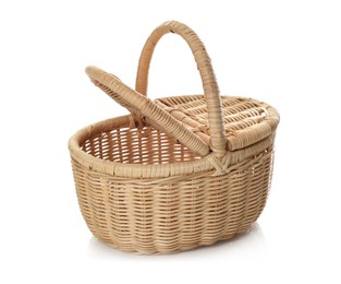 Photo of One empty wicker basket isolated on white