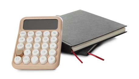Photo of Hardcover notebooks and calculator isolated on white