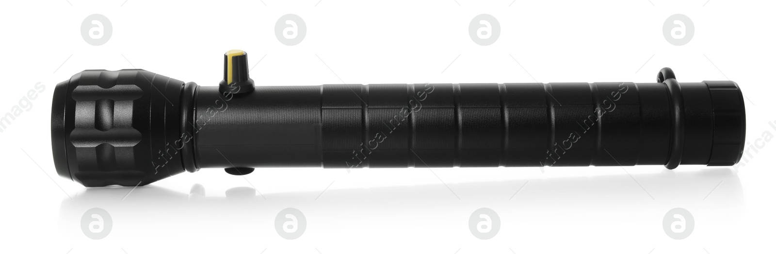 One modern black flashlight isolated on white Photo of One modern black flashlight isolated on white