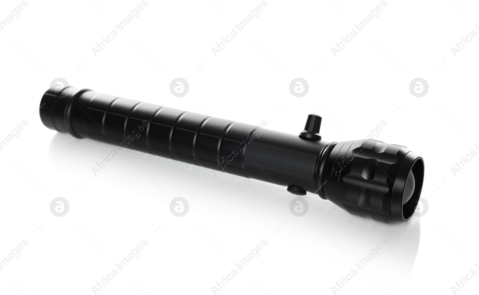 One modern black flashlight isolated on white Photo of One modern black flashlight isolated on white