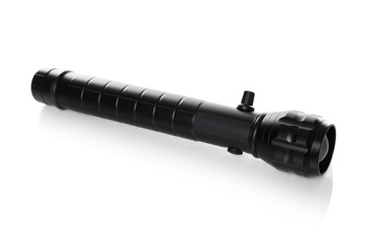 Photo of One modern black flashlight isolated on white