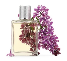Photo of Bottle of luxury perfume and lilac flowers isolated on white