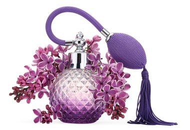 Photo of Bottle of luxury perfume and lilac flowers isolated on white