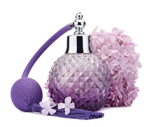 Photo of Luxury perfume and beautiful lilac flowers isolated on white