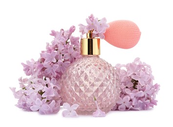 Photo of Luxury perfume and beautiful lilac flowers isolated on white