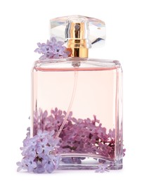 Photo of Luxury perfume and beautiful lilac flowers isolated on white