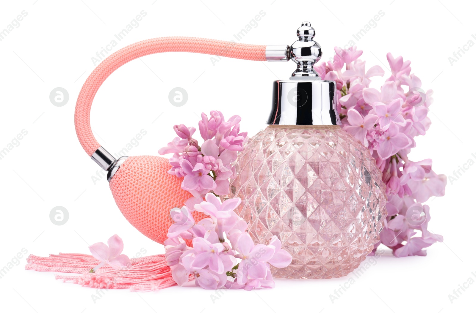 Luxury perfume and beautiful lilac flowers isolated on white Photo of Luxury perfume and beautiful lilac flowers isolated on white