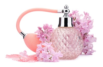 Photo of Luxury perfume and beautiful lilac flowers isolated on white