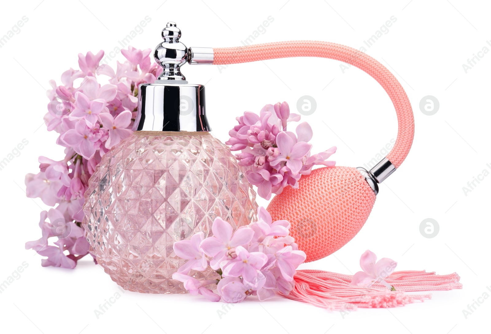 Luxury perfume and beautiful lilac flowers isolated on white Photo of Luxury perfume and beautiful lilac flowers isolated on white