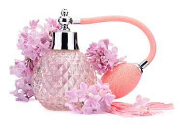 Photo of Luxury perfume and beautiful lilac flowers isolated on white