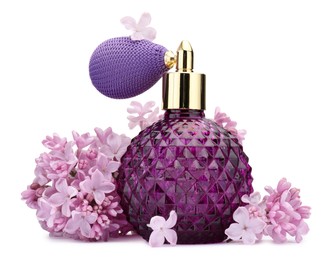 Photo of Luxury perfume and beautiful lilac flowers isolated on white