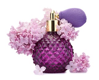 Photo of Luxury perfume and beautiful lilac flowers isolated on white