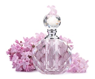 Photo of Luxury perfume and beautiful lilac flowers isolated on white