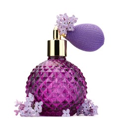 Photo of Luxury perfume and beautiful lilac flowers isolated on white