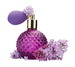 Photo of Luxury perfume and beautiful lilac flowers isolated on white