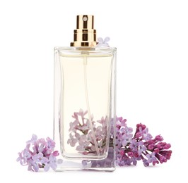 Photo of Luxury perfume and beautiful lilac flowers isolated on white