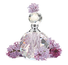 Photo of Luxury perfume and beautiful lilac flowers isolated on white