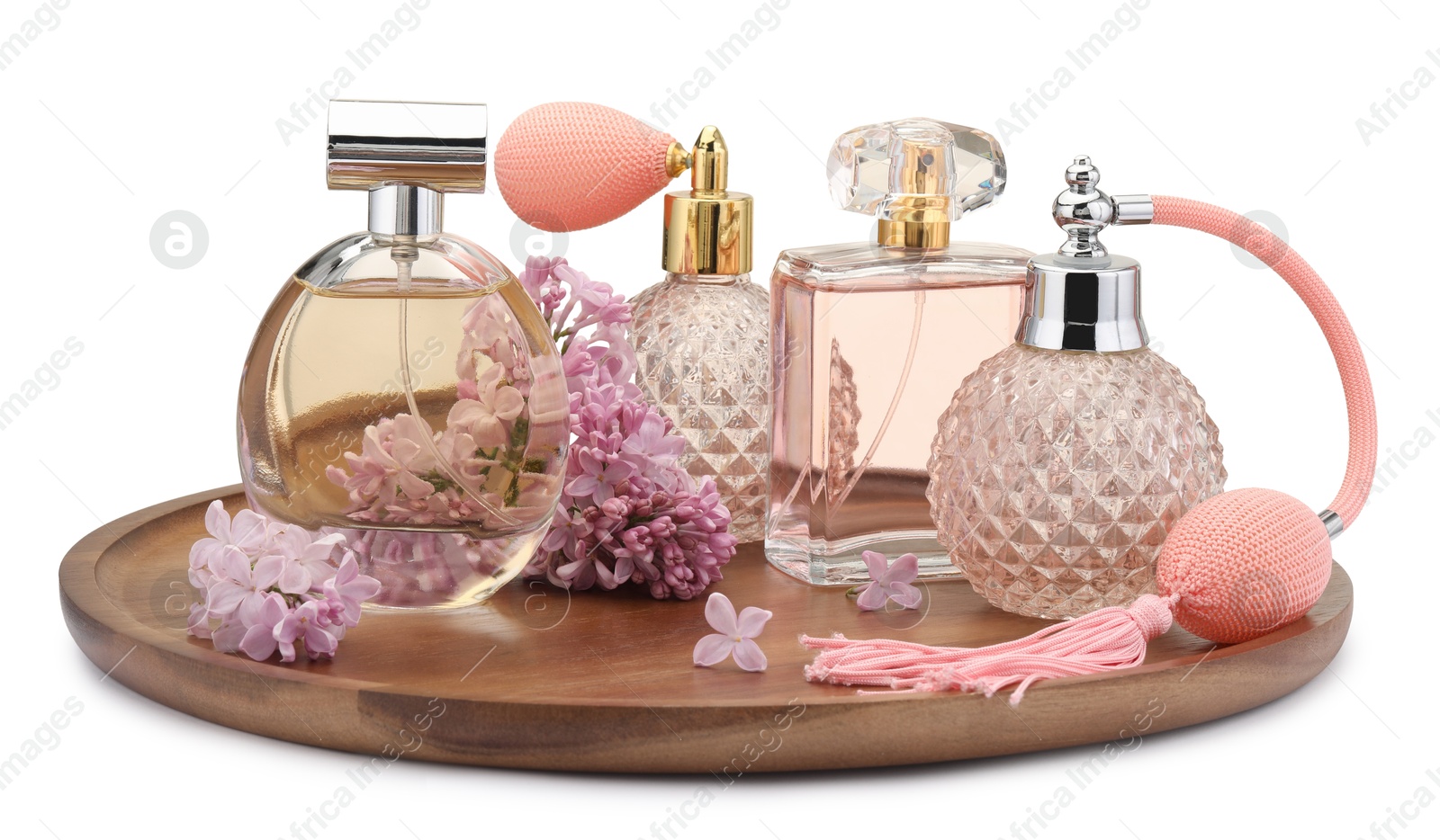 Luxury perfumes and beautiful lilac flowers isolated on white Photo of Luxury perfumes and beautiful lilac flowers isolated on white