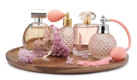 Photo of Luxury perfumes and beautiful lilac flowers isolated on white