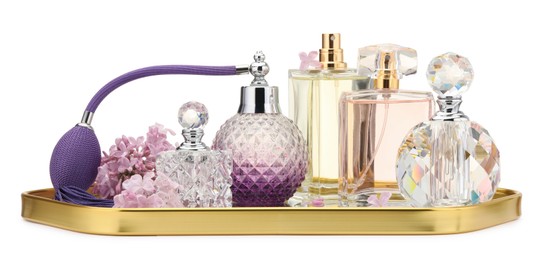 Photo of Luxury perfumes and beautiful lilac flowers isolated on white