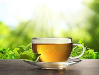 Image of Cup of green tea on grey table in tea plantation