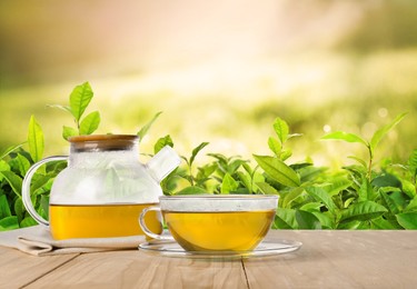 Image of Green tea in cup and teapot on wooden table in tea plantation. Space for text