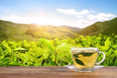 Image of Cup of green tea on wooden table against tea plantation in mountains. Space for text