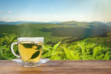 Image of Cup of green tea on wooden table against tea plantation in mountains. Space for text