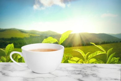 Image of Cup of green tea on marble table against tea plantation in mountains. Space for text