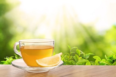 Image of Cup of green tea and lemon wedge on wooden table in tea plantation. Space for text
