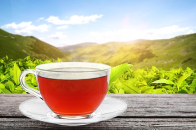 Image of Cup of tea on wooden table against tea plantation in mountains. Space for text