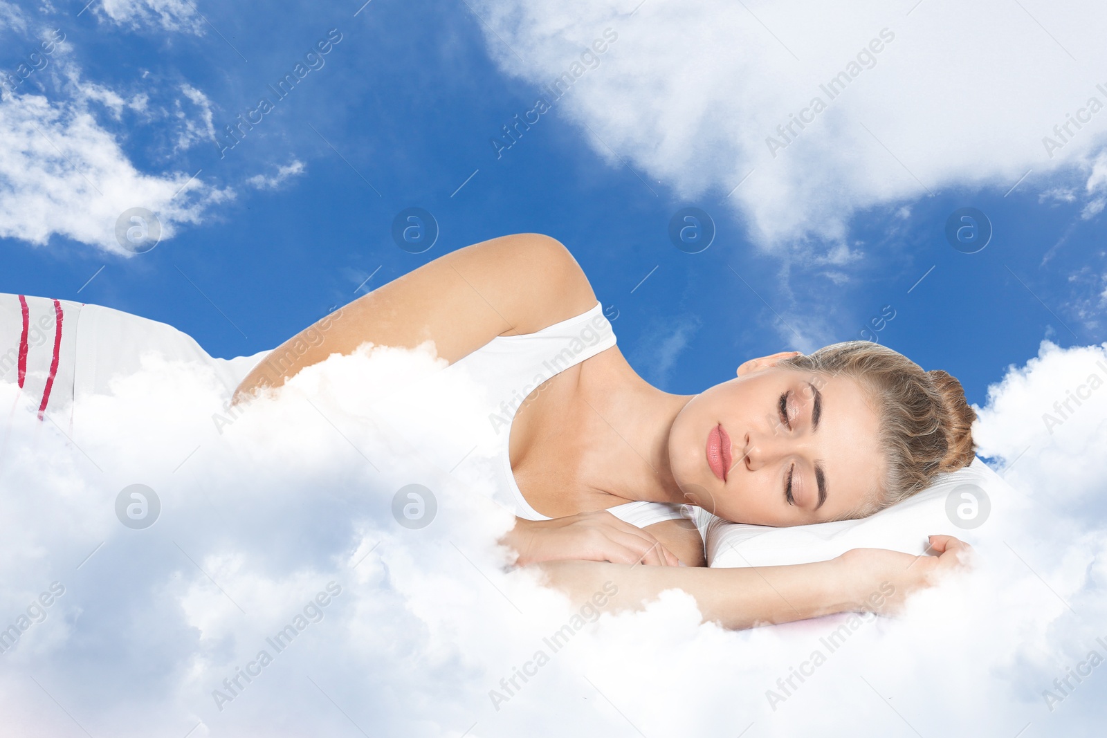 Woman sleeping on fluffy cloud in blue sky. Bedtime Image of Woman sleeping on fluffy cloud in blue sky. Bedtime
