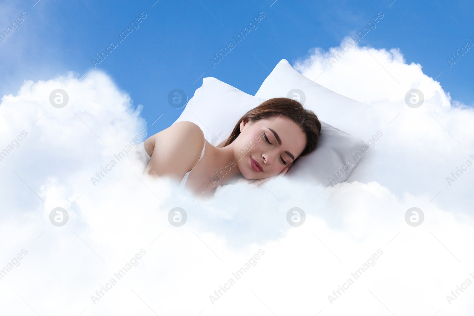 Woman sleeping on fluffy cloud in blue sky. Bedtime Image of Woman sleeping on fluffy cloud in blue sky. Bedtime