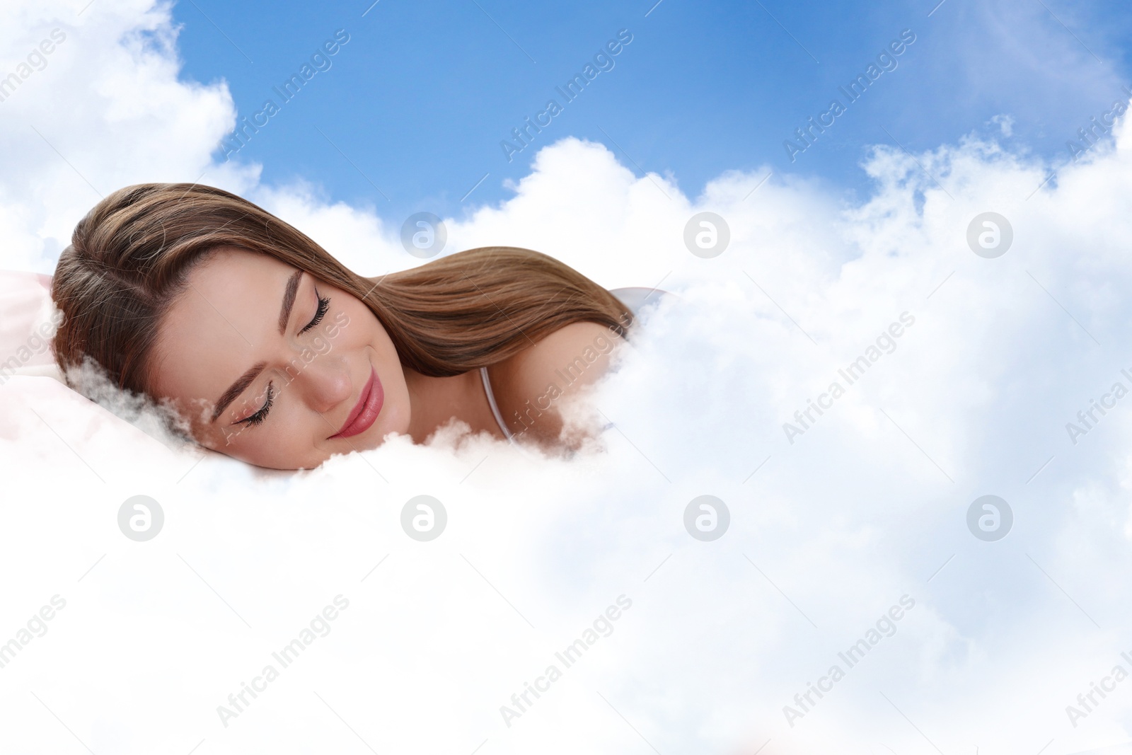 Woman sleeping on fluffy cloud in blue sky. Bedtime Image of Woman sleeping on fluffy cloud in blue sky. Bedtime
